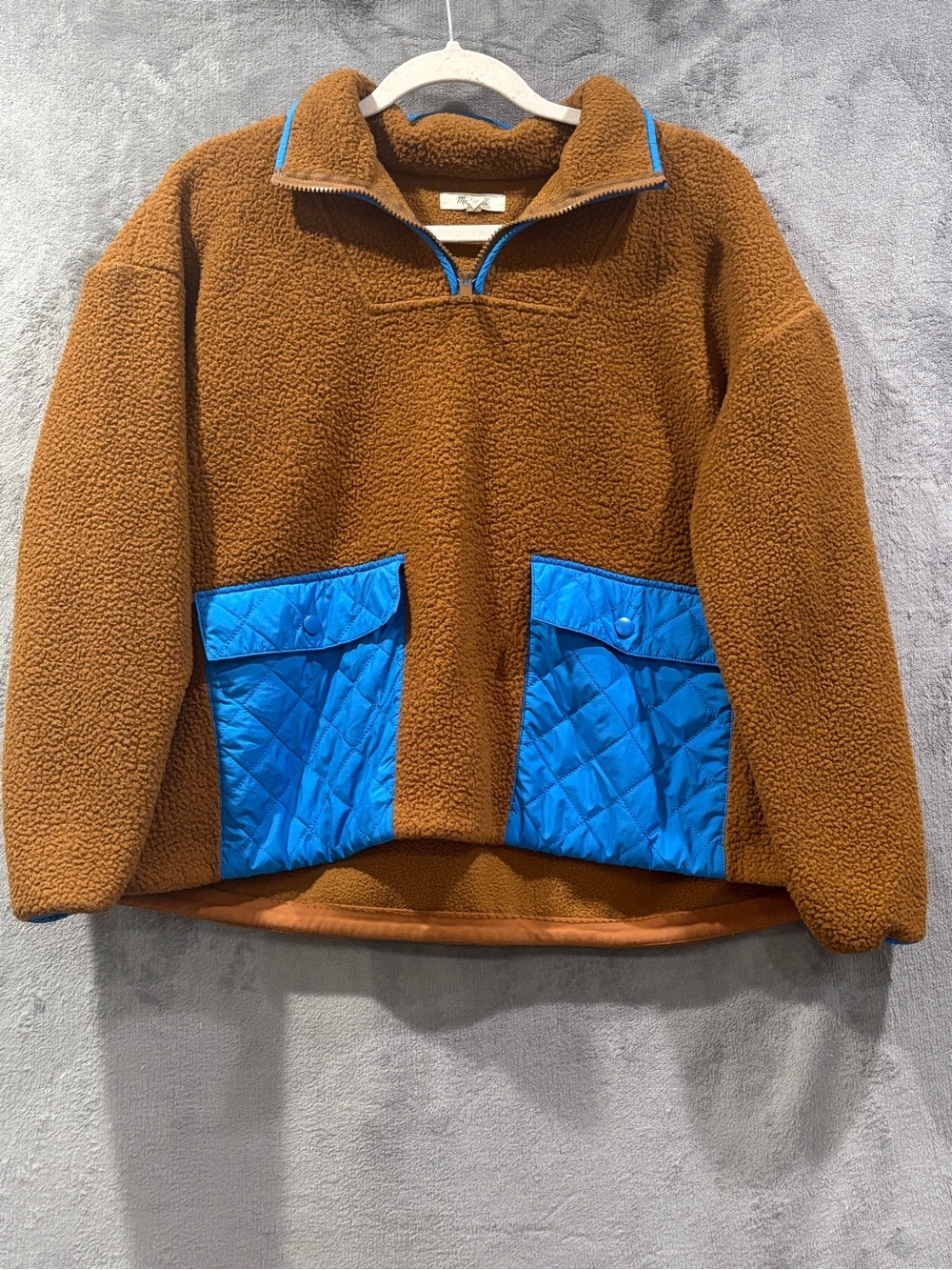 Madewell Sherpa Fleece Half Zip Pullover Women's Medium Brown Blue Teddy Cozy